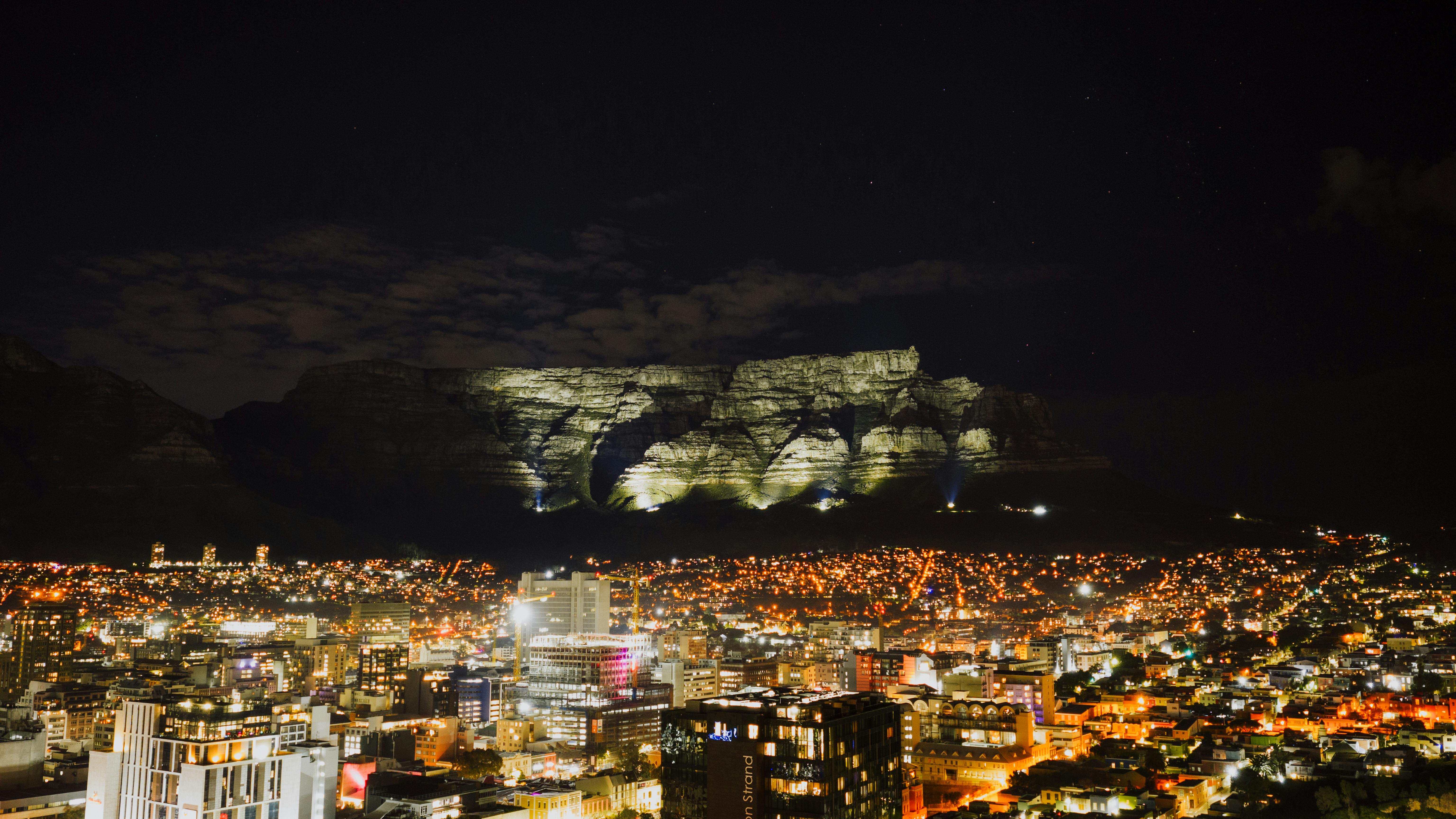 Cape Town cityscape at night with Table Mountain